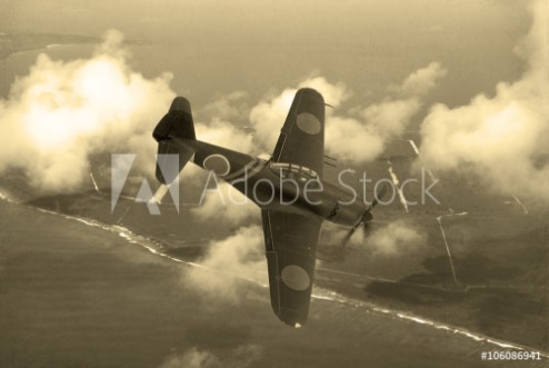 Bild på World War 2 era fighter plane Japnese aricraft N1K-J Shiden known as Geroge by the allies Flying over the pacific Island of Saipan Computer Image Artists impression